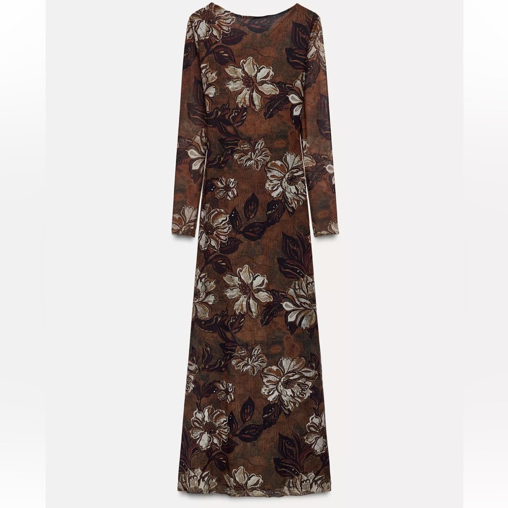 ZARA 5039/397 090 PRINTED TULLE DRESS size large light brown - Picture 6 of 14
